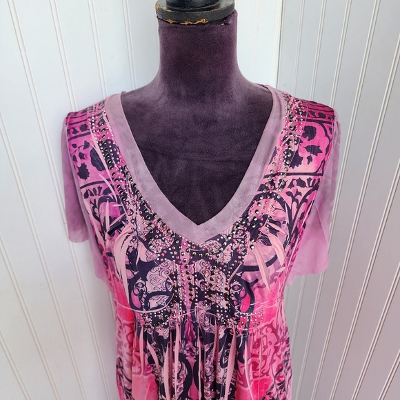 Cato Womens Dye Print Stretch Dress Studded Floral Paisley V-Neck Short Sleeve L - Picture 8 of 15